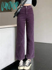 Lunivop Grape Purple Women Casual Trousers Spring Corduroy Chic Loose Straight All Match High Waist