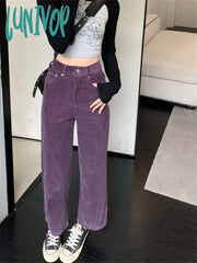 Lunivop Grape Purple Women Casual Trousers Spring Corduroy Chic Loose Straight All Match High Waist
