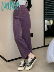 Lunivop Grape Purple Women Casual Trousers Spring Corduroy Chic Loose Straight All Match High Waist