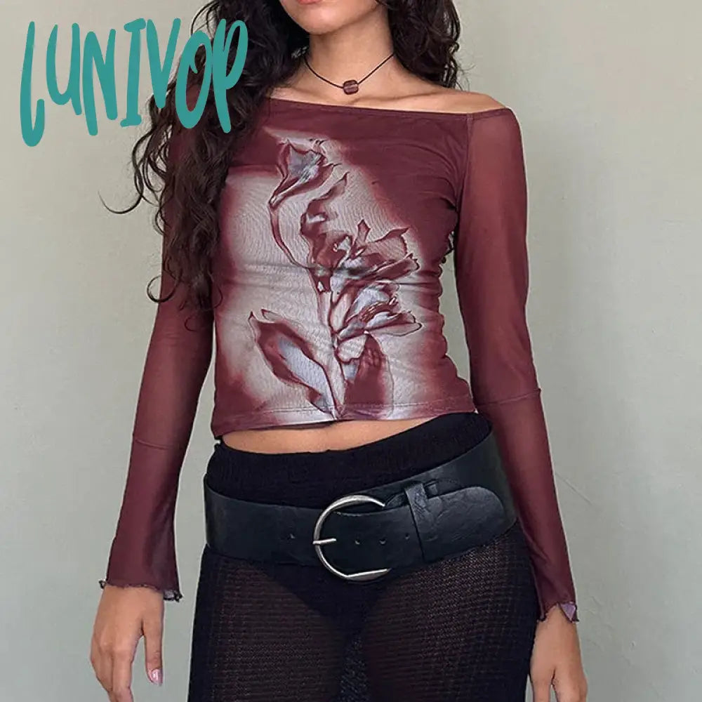Lunivop Graphic Grunge Print Mesh Sheer T-Shirt Women Coquette Off Shoulder Full Sleeve Tees Y2K