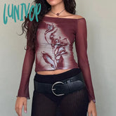 Lunivop Graphic Grunge Print Mesh Sheer T-Shirt Women Coquette Off Shoulder Full Sleeve Tees Y2K