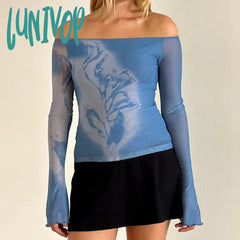 Lunivop Graphic Grunge Print Mesh Sheer T-Shirt Women Coquette Off Shoulder Full Sleeve Tees Y2K