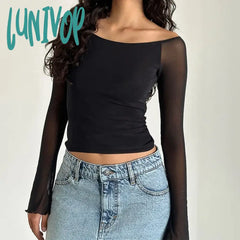 Lunivop Graphic Grunge Print Mesh Sheer T-Shirt Women Coquette Off Shoulder Full Sleeve Tees Y2K