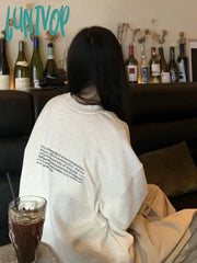 Lunivop Gray Letter Print Sweatshirts Women Harajuku Streetwear Vintage Crew Neck Hoodies Casual