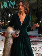 Lunivop Green Deep V Neck Long Sleeve Maxi Dresses Female Casual Solid High Waist Frock Autumn