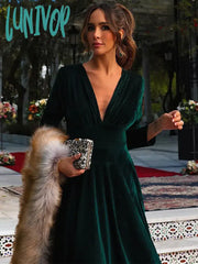 Lunivop Green Deep V Neck Long Sleeve Maxi Dresses Female Casual Solid High Waist Frock Autumn