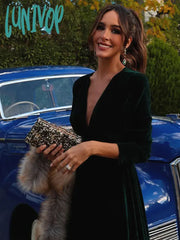 Lunivop Green Deep V Neck Long Sleeve Maxi Dresses Female Casual Solid High Waist Frock Autumn