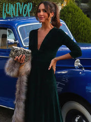 Lunivop Green Deep V Neck Long Sleeve Maxi Dresses Female Casual Solid High Waist Frock Autumn