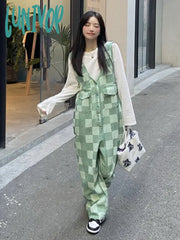 Lunivop Green Plaid Jumpsuit Women’s Korean Version Loose New Age-Reducing Small Wide-Leg Pants