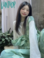 Lunivop Green Plaid Jumpsuit Women’s Korean Version Loose New Age-Reducing Small Wide-Leg Pants