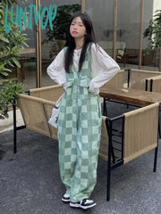 Lunivop Green Plaid Jumpsuit Women’s Korean Version Loose New Age-Reducing Small Wide-Leg Pants