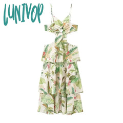 Lunivop Green Printed Hollow Out Layered Long Maxi Dress Women Elegant Off Shoulder Lace Up