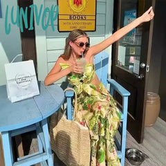 Lunivop Green Printed Hollow Out Layered Long Maxi Dress Women Elegant Off Shoulder Lace Up