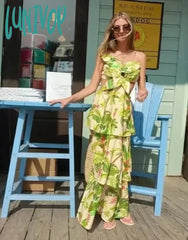 Lunivop Green Printed Hollow Out Layered Long Maxi Dress Women Elegant Off Shoulder Lace Up