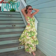 Lunivop Green Printed Hollow Out Layered Long Maxi Dress Women Elegant Off Shoulder Lace Up