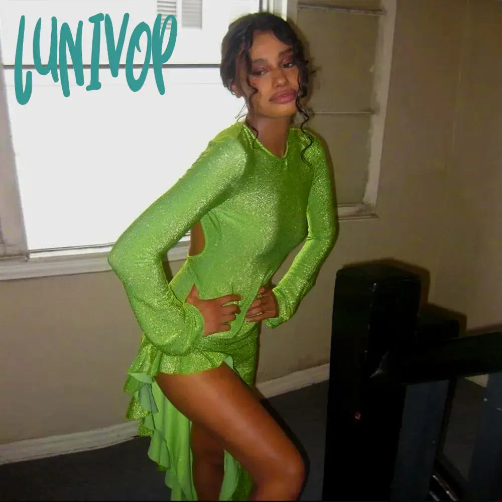 Lunivop Green Ruffle Maxi Dress Women Fashion Shiny Long Sleeve Slim Evening Party Dresses Autumn