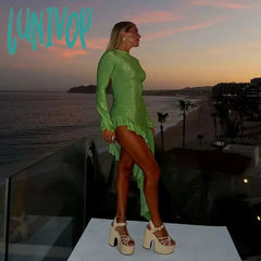 Lunivop Green Ruffle Maxi Dress Women Fashion Shiny Long Sleeve Slim Evening Party Dresses Autumn