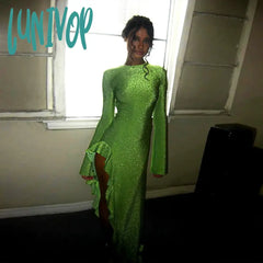 Lunivop Green Ruffle Maxi Dress Women Fashion Shiny Long Sleeve Slim Evening Party Dresses Autumn