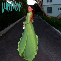Lunivop Green Ruffle Maxi Dress Women Fashion Shiny Long Sleeve Slim Evening Party Dresses Autumn