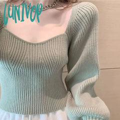 Lunivop Green Square Collar Knitted Sweater Women Autumn Winter Slim Fit Lantern Long Sleeve