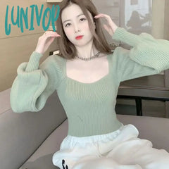 Lunivop Green Square Collar Knitted Sweater Women Autumn Winter Slim Fit Lantern Long Sleeve