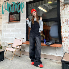 guys clothing styles Attention Time Retro Wide Leg Denim Suspender Pants Women's Autumn and Winter New Loose Slimming Lazy Loose Mopping Pants