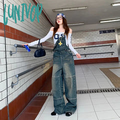 guys clothing styles Attention Time Retro Wide Leg Denim Suspender Pants Women's Autumn and Winter New Loose Slimming Lazy Loose Mopping Pants