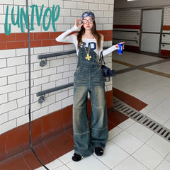 guys clothing styles Attention Time Retro Wide Leg Denim Suspender Pants Women's Autumn and Winter New Loose Slimming Lazy Loose Mopping Pants