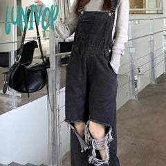 guys clothing styles Black and Gray Ripped Denim Suspender Pants Women's Korean-Style High Waist Loose Slimming Straight Wide-Leg Pants