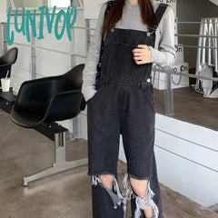 guys clothing styles Black and Gray Ripped Denim Suspender Pants Women's Korean-Style High Waist Loose Slimming Straight Wide-Leg Pants