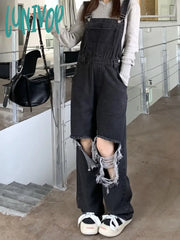 guys clothing styles Black and Gray Ripped Denim Suspender Pants Women's Korean-Style High Waist Loose Slimming Straight Wide-Leg Pants