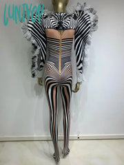 Lunivop Halloween Women Long Sleeve Zebra Ruffles Jumpsuit Birthday Party Costume Bar Nightclub