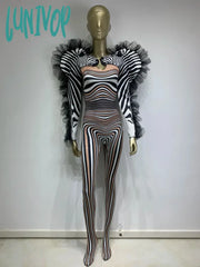 Lunivop Halloween Women Long Sleeve Zebra Ruffles Jumpsuit Birthday Party Costume Bar Nightclub
