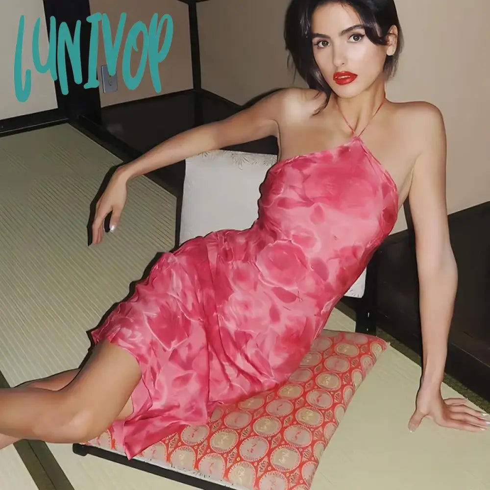 Lunivop Halter Backless Mini Print Dress Summer Women Sexy Strap Bodycon Y2K Clothes Outfits Club