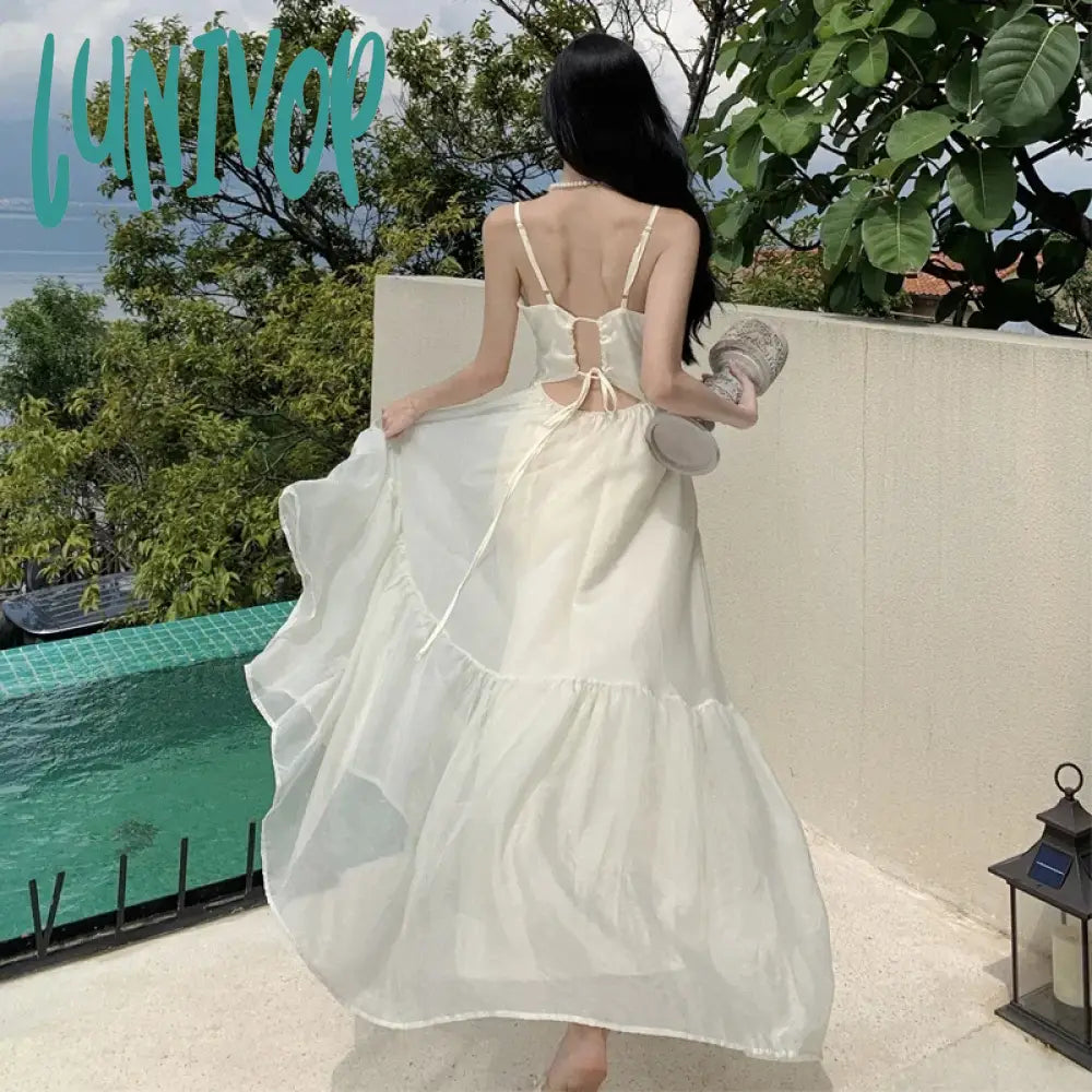Lunivop Halter Holiday Style Sling Dress For Women 2024 Sleeveless Solid Vacation Summer Prom