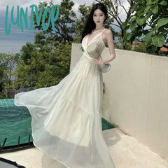 Lunivop Halter Holiday Style Sling Dress For Women 2024 Sleeveless Solid Vacation Summer Prom