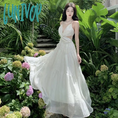 Lunivop Halter Holiday Style Sling Dress For Women 2024 Sleeveless Solid Vacation Summer Prom