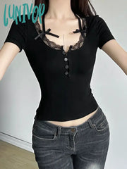 Lunivop Halter Neck Lace Trim Bow Cute Black Y2K T-Shirt Women Button Up Slim Short Sleeve White