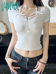 Lunivop Halter Neck Lace Trim Bow Cute Black Y2K T-Shirt Women Button Up Slim Short Sleeve White