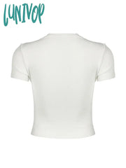 Lunivop Halter Neck Lace Trim Bow Cute Black Y2K T-Shirt Women Button Up Slim Short Sleeve White