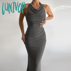 Lunivop Halter Sexy Backless Elegant Outfits Long Dress For Women Drawsting Ruched Bandage