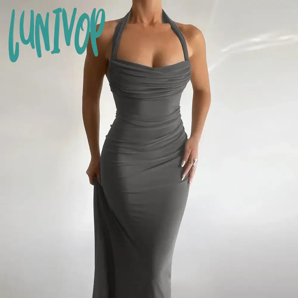 Lunivop Halter Sexy Backless Elegant Outfits Long Dress For Women Drawsting Ruched Bandage