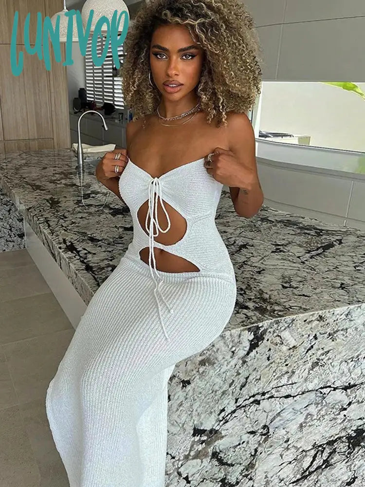 Lunivop Halter Sexy Club Backless Cut Out Maxi Dress For Women Knitted Fashion Sleeveless Long