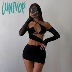 Lunivop Halter Sexy Cut Out Bodycon Dress Bandage Party Club Elegant Irregular Backless Mesh Ruched