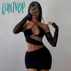 Lunivop Halter Sexy Cut Out Bodycon Dress Bandage Party Club Elegant Irregular Backless Mesh Ruched