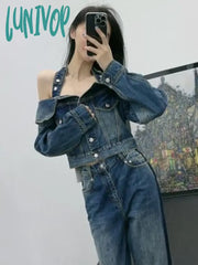 Lunivop Halter Slash Neck Off Shoulder Denim Jackets Autumn Grunge All Match Ins Y2K Chaqueta