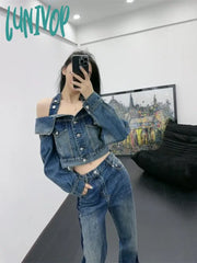 Lunivop Halter Slash Neck Off Shoulder Denim Jackets Autumn Grunge All Match Ins Y2K Chaqueta