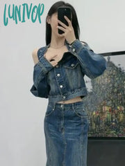 Lunivop Halter Slash Neck Off Shoulder Denim Jackets Autumn Grunge All Match Ins Y2K Chaqueta