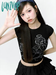 Lunivop Harajuku Crop Graphic Tshirts Women Streetwear Y2K Grunge Angel Cartoon Print Tops Sexy