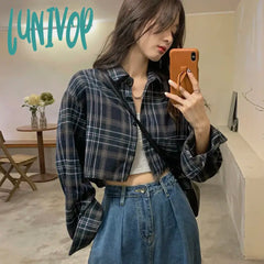 Lunivop Harajuku Crop Plaid Shirts Women Vintage Long Sleeve Loose Sunscreen Blouses Korean Fashion